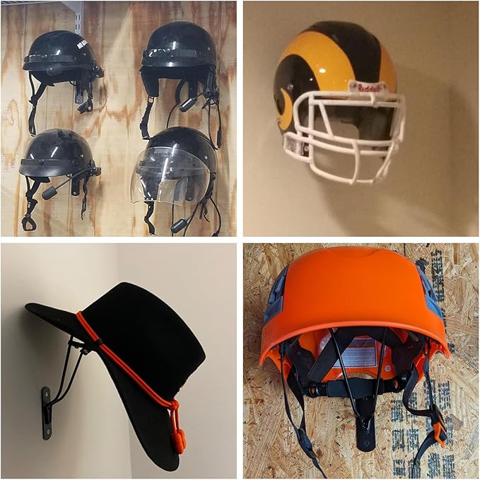 Yuleimy 4-Pack Helmet Holder Wall Mount, Heavy Duty Metal Display Rack for Motorcycle, Equestrian, Baseball & Football Helmets, Multi-Purpose Storage Hanger Hook, Black