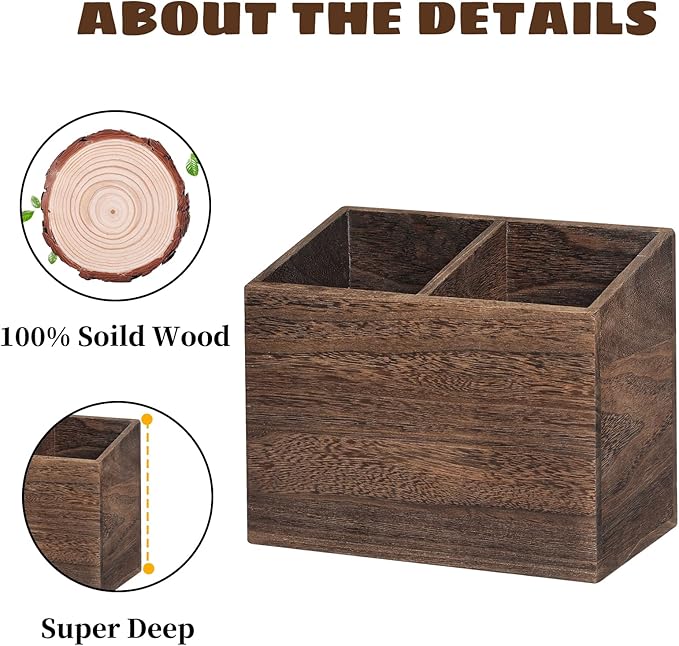 Wooden Kitchen Utensil Caddy With 2 Compartments, Rustic Utensil Holder for Kitchen Countertop, Wood Utensil Crock Organizer Box for Farmhouse Kitchen Decor (brown)