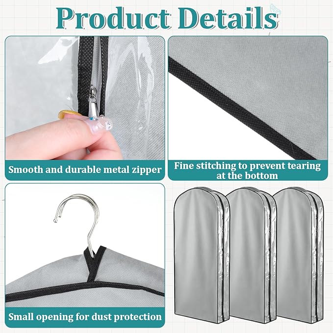3 Packs 10" Gusseted Garment Bags for Hanging Clothes 60" Suit Bags for Closet Storage Side Clear Dress Bag Long Closet Waterproof Garment Covers for Closets Wardrobe Storage Traveling, Grey