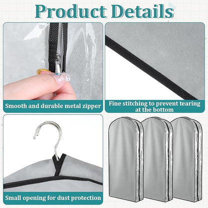 3 Packs 10" Gusseted Garment Bags for Hanging Clothes 60" Suit Bags for Closet Storage Side Clear Dress Bag Long Closet Waterproof Garment Covers for Closets Wardrobe Storage Traveling, Grey