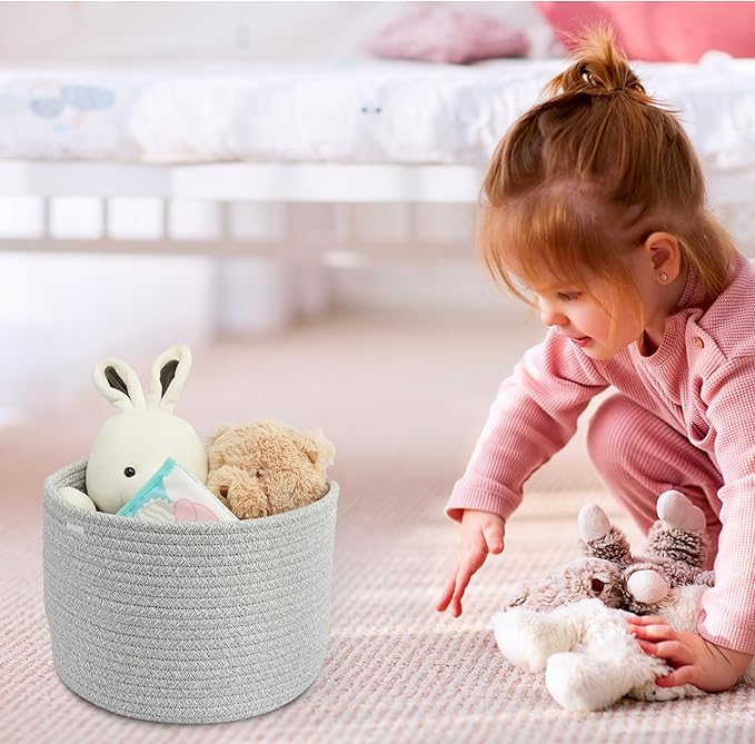 XUANGUO Woven Cotton Storage Baskets - 3-Pack Round Bins (10x10x7'') for Shelves, Closets & Bookcases | Durable Rope Organizers for Nursery, Baby, Toys, Easter & More (grey)
