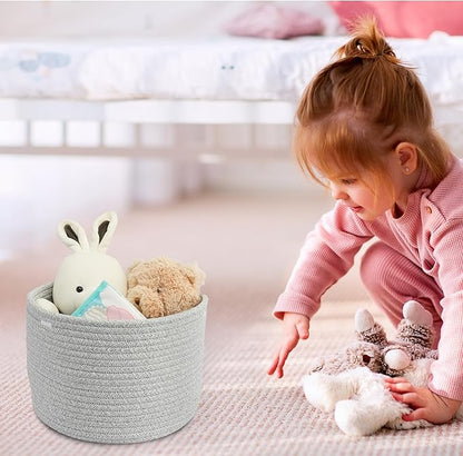 XUANGUO Woven Cotton Storage Baskets - 3-Pack Round Bins (10x10x7'') for Shelves, Closets & Bookcases | Durable Rope Organizers for Nursery, Baby, Toys, Easter & More (grey)