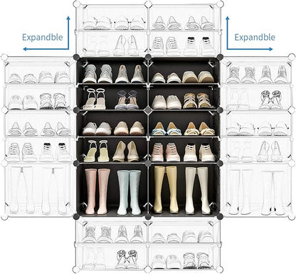 KOUSI Portable Shoe Rack Organizer 72 Pair Tower Shelf Storage Cabinet Stand Expandable for Heels, Boots, Slippers， Transparent Door