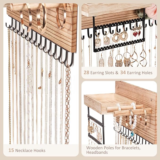 Lolalet Wall Mounted Hanging Jewelry Organizer, 15 Hooks Wooden Necklaces Holder with Storage Shelf, Easy Install Earrings Bracelets Hanger -Light Brown