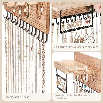 Lolalet Wall Mounted Hanging Jewelry Organizer, 15 Hooks Wooden Necklaces Holder with Storage Shelf, Easy Install Earrings Bracelets Hanger -Light Brown