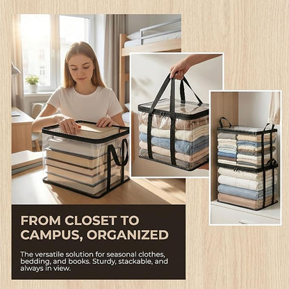 Large Heavy-Duty Thick Plastic Clear Storage Bag for Clothes, Plastic Storage Box with Hinged Lid, Heavy-Duty Durable High Capacity Organizer, Perfect for Home, Travel, Attic and Moving (3, Blue)