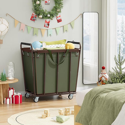 Hoctieon Large Laundry Cart with Wheels, 400L Heavy Duty Laundry Basket Organizer, Rolling Hamper Sorter for Clothes Storage, Industrial Dirty Clothes Hamper for Home & Hotel, Green+Brown