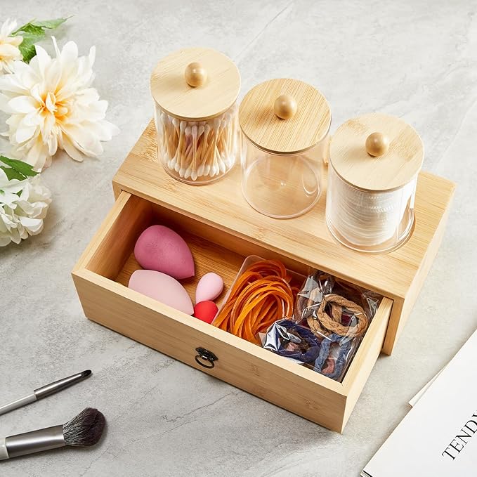 GNILLKO 3 Pack Qtip Holder Bathroom Set, Cotton Ball and Qtip Holder with Tray Drawer, Bathroom Jars with Lids Set for Cotton Ball Round Swab Pad Hair Ties Floss Perfume Jewelry