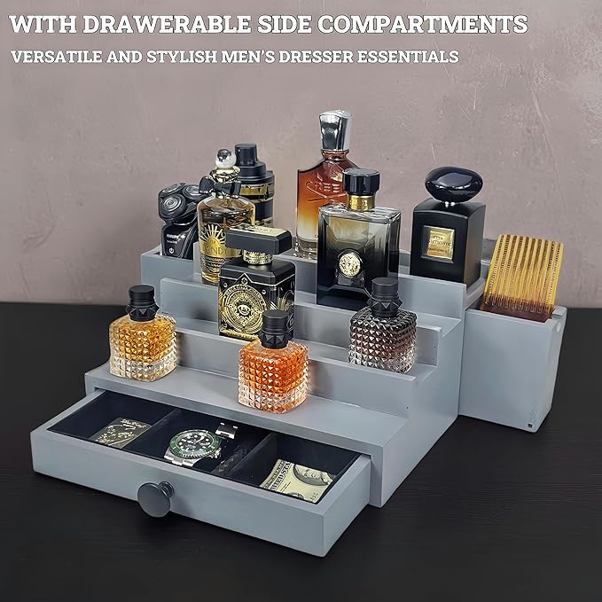 Wooden Cologne Organizer for Men 4 Tier | Dove Grey Perfume Holder Shelf for Dresser | High Grade Velvet Lining and Stylish Gift Box | Uncluttered Design Perfume Display Stand