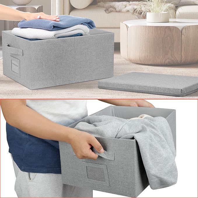 Graciadeco 22.8qt Closet Storage Boxes with Lids Gray Folding Keepsake Storage Bins Stackable Flat Lidded Carboard Storage Contaner for Clothes Barbie Shoes, 2 Pack
