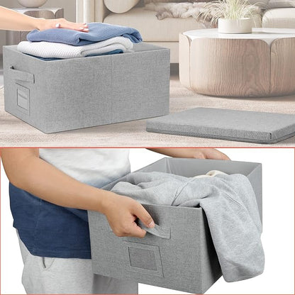 Graciadeco 22.8qt Closet Storage Boxes with Lids Gray Folding Keepsake Storage Bins Stackable Flat Lidded Carboard Storage Contaner for Clothes Barbie Shoes, 2 Pack