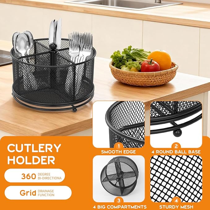 2 Pack 360° Rotating Metal Utensil Caddy - 4 Compartment Silverware Cutlery Holder, Effortless Access Fork Spoon, Silverware Holder for Party Countertop Buffet Picnic Camping Outdoor