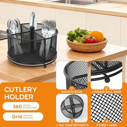 2 Pack 360° Rotating Metal Utensil Caddy - 4 Compartment Silverware Cutlery Holder, Effortless Access Fork Spoon, Silverware Holder for Party Countertop Buffet Picnic Camping Outdoor