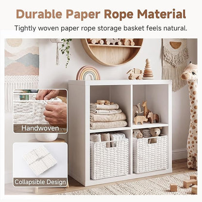 StorageWorks 11 inch Wicker Storage Cubes, Handwoven Cube Storage Bin, Square Cubes Basket, Foldable Paper Rope Basket for Organizing, White, 2 Pack