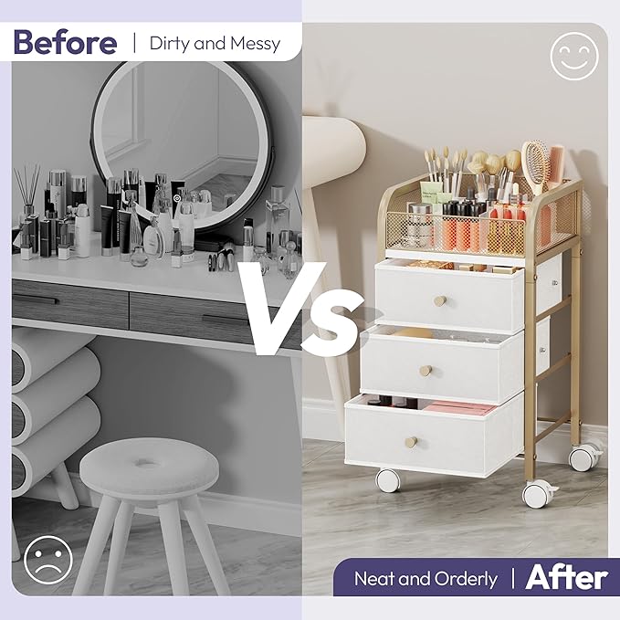 SWTYMIKI Rolling Makeup Organizer Cart - Under Desk Vanity Makeup Storage with 3 Non-woven Drawers, Nail Cart Organizer Cosmetic Display Cases Cabinet for Skin Care Perfume Nail Polish Brush Hair Tool