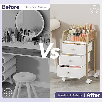 SWTYMIKI Rolling Makeup Organizer Cart - Under Desk Vanity Makeup Storage with 3 Non-woven Drawers, Nail Cart Organizer Cosmetic Display Cases Cabinet for Skin Care Perfume Nail Polish Brush Hair Tool
