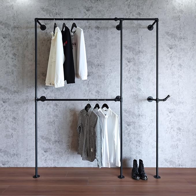 Black Industrial Pipe Clothing Rack 62.5" W Wall Mounted, Heavy Duty Iron Garment Rack 150 lbs per Rod, Open Closet Organizer for Bedroom Laundry Room Retail Display