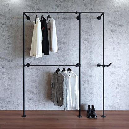Black Industrial Pipe Clothing Rack 62.5" W Wall Mounted, Heavy Duty Iron Garment Rack 150 lbs per Rod, Open Closet Organizer for Bedroom Laundry Room Retail Display