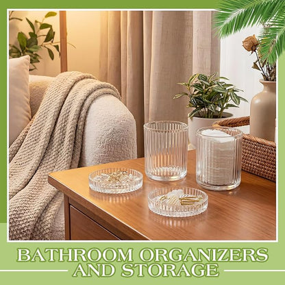 2 Pcs Crystal Glass Candy Jars Set with Lids and Stainless Steel Vanity Tray, Q tip Holder, Apothecary Jars, Glass Bathroom Accessories Organizer, Esthetic Modern Bathroom Decor(Clear)