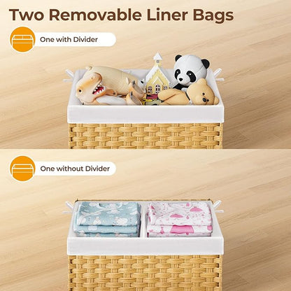 Greenstell Storage Basket with Lid, 65L Small Wicker Basket with Lid, Handwoven Blanket Storage Basket with Handles, Removable Cotton Liner, Metal Frame, Foldable for Bedroom, Laundry Room, Natural