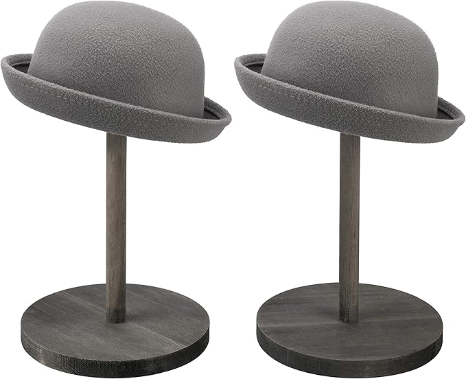 MyGift 2 Pcs Hat Holder Stand, Cowboy Hat Rack, Baseball Cap Organizer Storage, Wig Helmet Display Stand for Home, Salon, Entryway or Retail, Vintage Gray Solid Wood with Stacked Circular Discs Dome