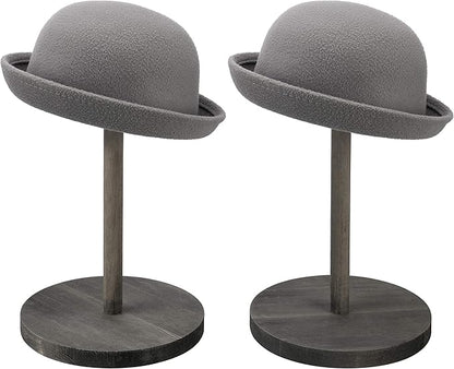 MyGift 2 Pcs Hat Holder Stand, Cowboy Hat Rack, Baseball Cap Organizer Storage, Wig Helmet Display Stand for Home, Salon, Entryway or Retail, Vintage Gray Solid Wood with Stacked Circular Discs Dome