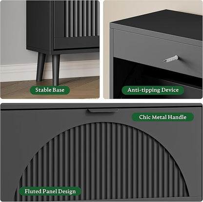 Xixini Shoe Storage Cabinet with 2 Flip Drawers, 36" Tall Narrow Wood Fluted Shoe Organizer for Entryway, Freestanding Wooden Hidden Slim Shoe Rack for Front Door Entrance, Hallway, Foyer, Solid Black