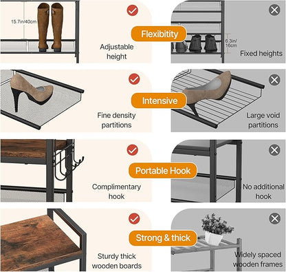 4 Tier Shoe Rack, Shoe Rack for Entryway with Hook, Shoe Organizer with Adjustable Mesh Shelves, Metal Shoe Storage, Closet, Bedroom Living Room Garage
