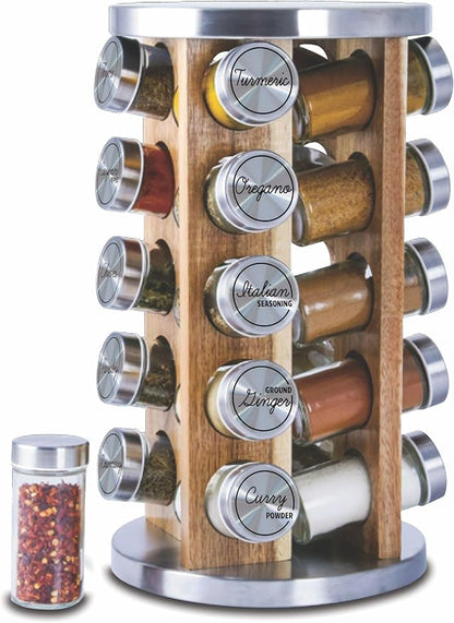 Orii 20 Jar Rotating Light Acacia Wood Spice Rack with Spices Included & 5-Year Spice Refill Program – Natural Wood Countertop Spice Rack with Glass Jars