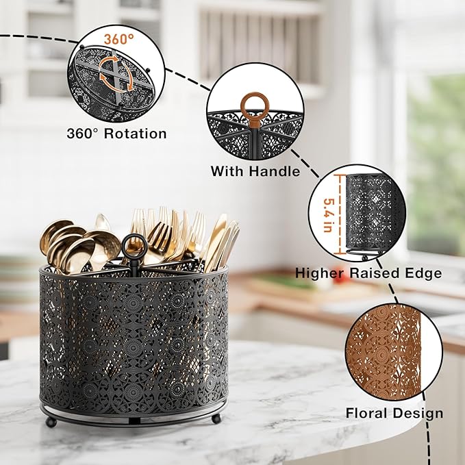 YIUKEA 360° Rotating Utensil Caddy Countertop - Cutlery Silverware Caddy Holder with 4 Compartment - Higher Raised Flatware Organizer with Handle for Party Kitchen Counter Office Black