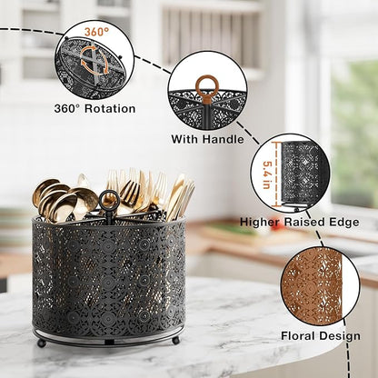 YIUKEA 360° Rotating Utensil Caddy Countertop - Cutlery Silverware Caddy Holder with 4 Compartment - Higher Raised Flatware Organizer with Handle for Party Kitchen Counter Office Black