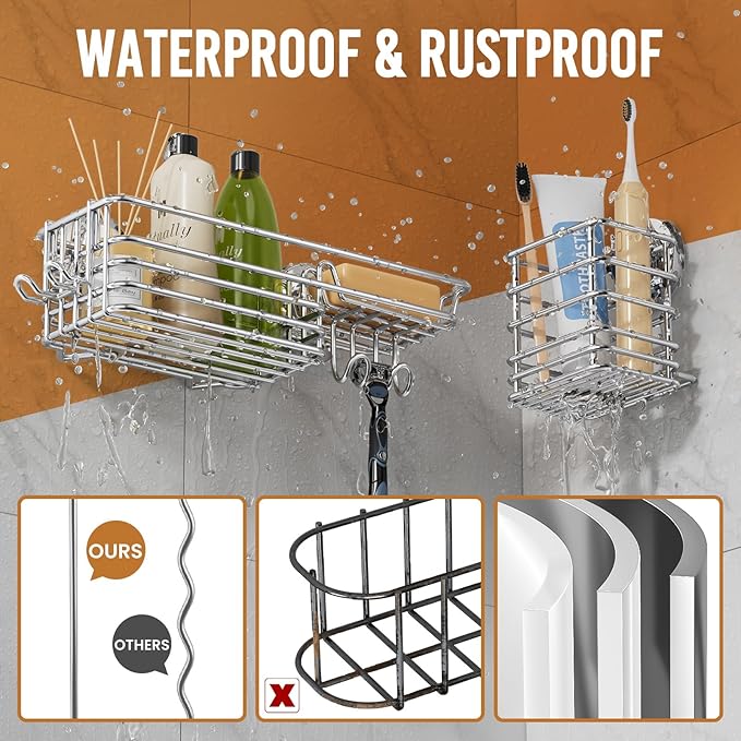 LEVERLOC Shower Caddy Suction Cup, 3 Pack Heavy Duty Bathroom Organizer for Inside Shower with Hooks & Soap Holder, Removable Bathroom Organizer, Rustproof Silver Holder Storage Storage,Silver