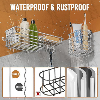 LEVERLOC Shower Caddy Suction Cup, 3 Pack Heavy Duty Bathroom Organizer for Inside Shower with Hooks & Soap Holder, Removable Bathroom Organizer, Rustproof Silver Holder Storage Storage,Silver
