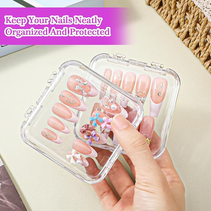 8 Pcs Press on Nail Storage, Clear Acrylic Press on Nail Boxes, Nail Container with 30 Pcs Double-Sided Tape for Fake Nail Display and Salon Supplies