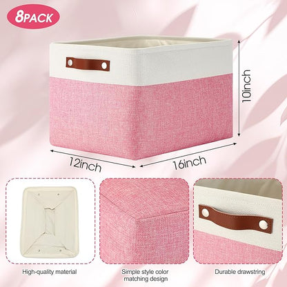 Uiifan 8 Pack 16 x 12 x 10 Inch Large Storage Baskets Collapsible Fabric Storage Cubes Bins with Handles for Shelves Closets Nursery Home Clothes Toys Organizers, Pink