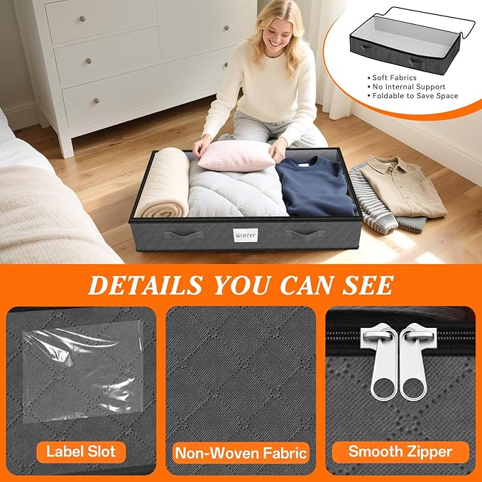 SpaceWhisper 90L Under Bed Storage Containers, 4-Pack Storage Bins with Clear Top, Foldable Closet Organizers and Storage with Label Holder for Clothing, Blankets, Comforter & Pillows (Grey)