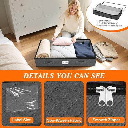 SpaceWhisper 90L Under Bed Storage Containers, 4-Pack Storage Bins with Clear Top, Foldable Closet Organizers and Storage with Label Holder for Clothing, Blankets, Comforter & Pillows (Grey)