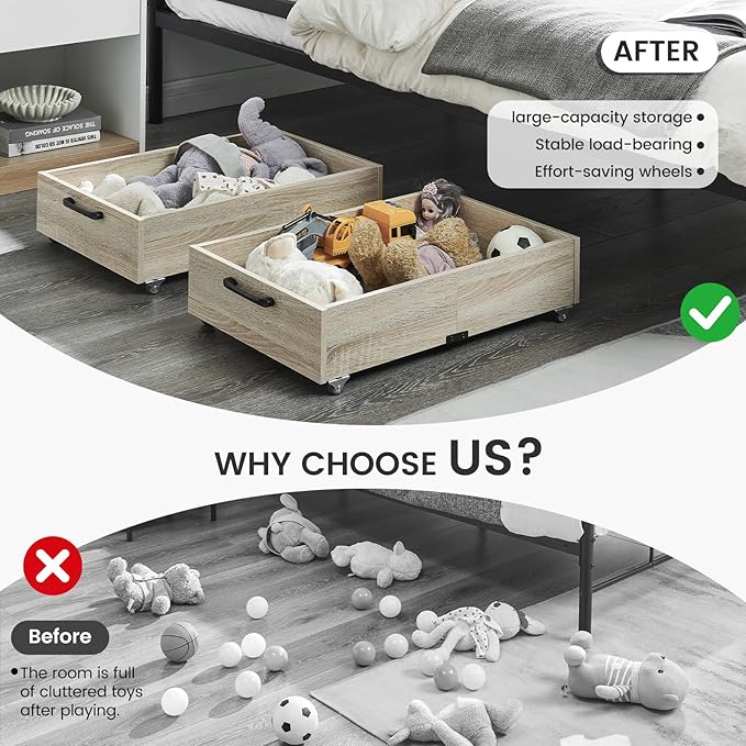 TIOPGHAD Under Bed Storage with Wheels, 2-Pack Under Bed Shoe Storage Organizer Drawer, Composite Wood Organizer for Shoes Clothes Containers in Bedroom for Clothes,Shoes(Oak)