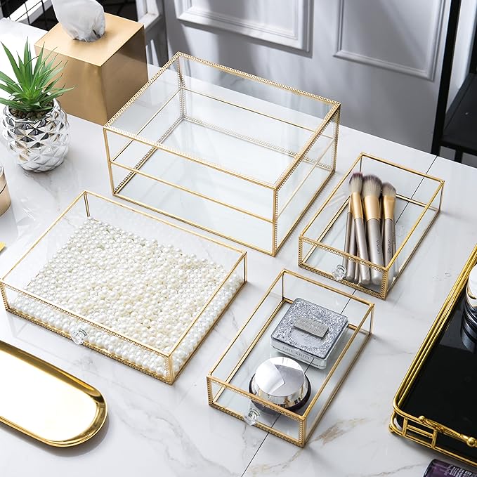 Vellon Gold Glass Box Makeup Organizer, Glass Jewelry Drawer, Vintage Jewel Organizer, Desktop Cosmetic Storage, Makeup Container, Keepsake Case with Golden Lace Decoration, 2 Tiers