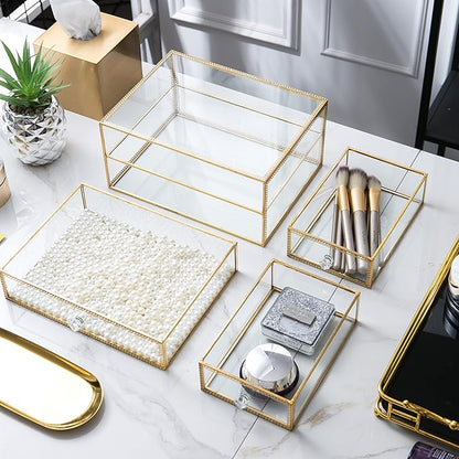 Vellon Gold Glass Box Makeup Organizer, Glass Jewelry Drawer, Vintage Jewel Organizer, Desktop Cosmetic Storage, Makeup Container, Keepsake Case with Golden Lace Decoration, 2 Tiers