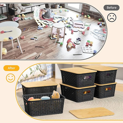 Plastic Storage Baskets with Bamboo Lids and Labels, Stackable Storage Containers, Storage Bins for Organizing Shelves Drawers Desktop Closets Office, 6 Packs-Black