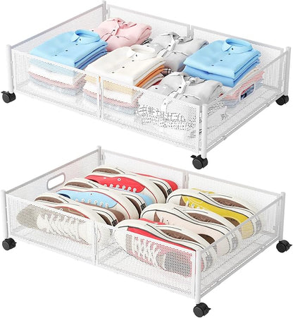 Gawerk Under Bed Storage with Wheels, Foldable Metal Mesh Underbed Storage Container Bins, Tool-free Assembly Clothes Drawer Organizer, 2Pack