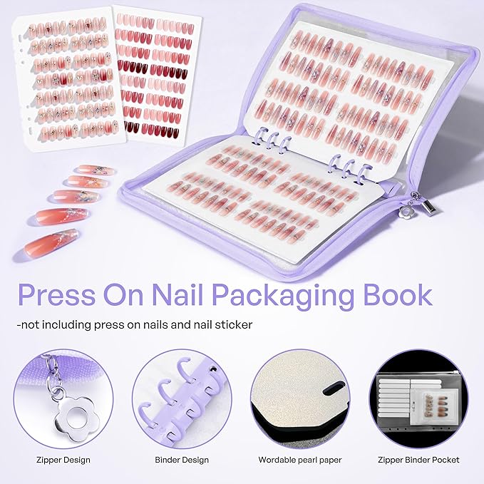 18PCS Press On Nail Organizer Clear Empty Press on Nail Packaging Set with 8 Insert Pages,8 nail double tape and 1 Zipper Pocket for Fake Nail Storage Nail Art Salon (purple)