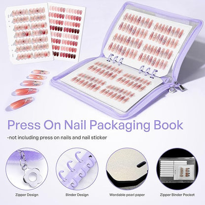 18PCS Press On Nail Organizer Clear Empty Press on Nail Packaging Set with 8 Insert Pages,8 nail double tape and 1 Zipper Pocket for Fake Nail Storage Nail Art Salon (purple)