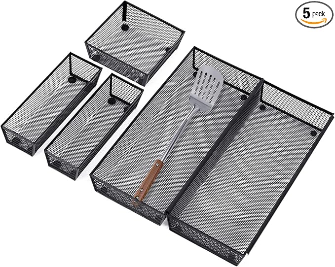 Neudeco Drawer Organizer - 5 Pack Metal Mesh Silverware Tray with Interlocking Design, 5 Compartment Cutlery Organizer for Kitchen Utensils, Black (15x6.2x2 inches)