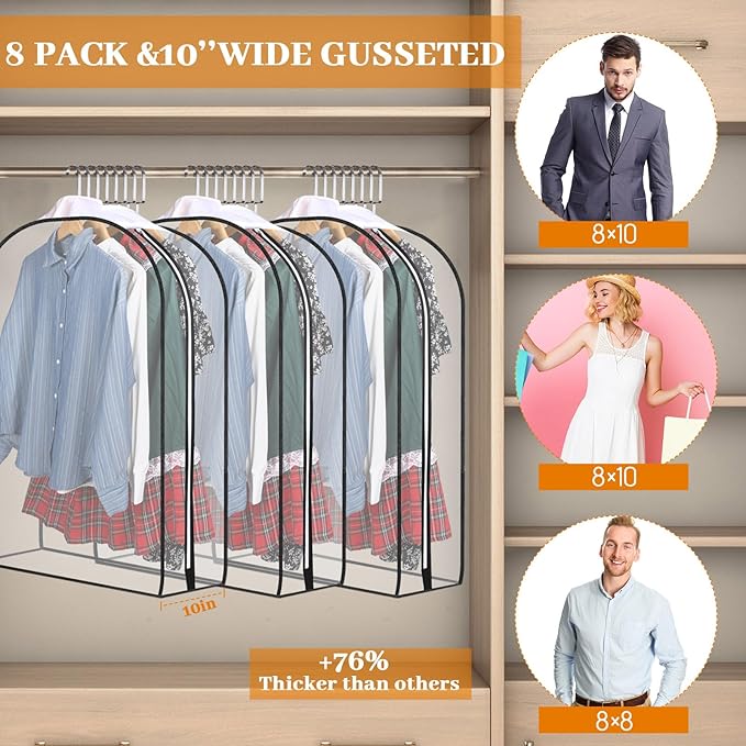 Windyun 8 Pcs 10" Clear Gusseted Garment Bags for Hanging Clothes 40" Transparent Dress Bags with Full Zipper Garment Covers for Closet Storage Coats Jackets Shirts Suits, Plastic