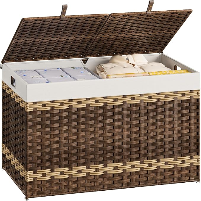 HOOBRO Storage Basket with Lid, 42.3 Gallon (160L) Wicker Storage Basket with 2 Separate Lid, Blanket Storage Bin with 2 Removable Liner Bags, for Bedroom, Laundry, Brown and Natural BR276CW01