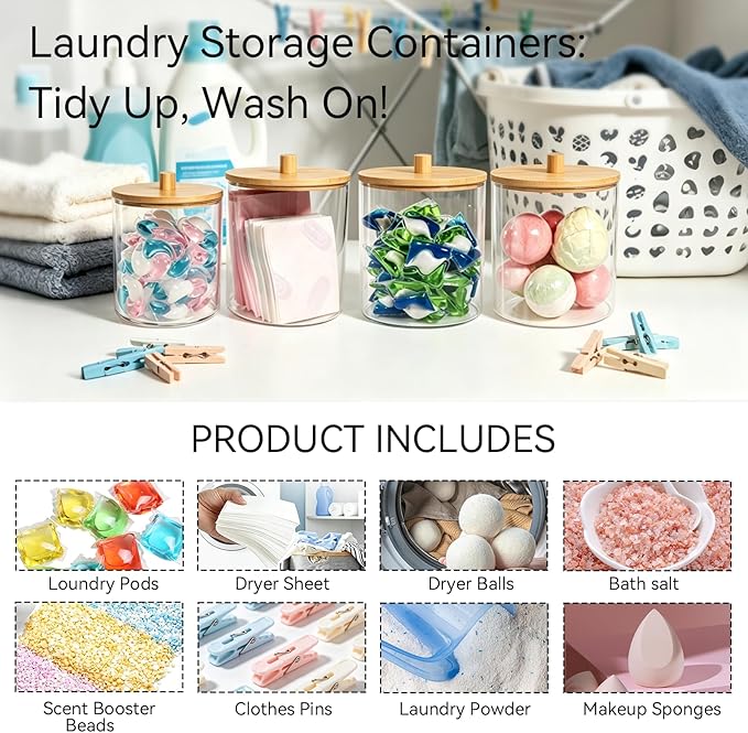 Amolliar Laundry Pods Storage Container, Clear Laundry Room Organization, 2 Pack Large Detergent Container with Bamboo Lids & 27 Labels for Bathroom Organizer (Natural, 0.6+0.4Gal)