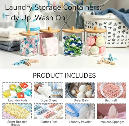 Amolliar Laundry Pods Storage Container, Clear Laundry Room Organization, 2 Pack Large Detergent Container with Bamboo Lids & 27 Labels for Bathroom Organizer (Natural, 0.6+0.4Gal)