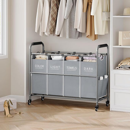 Tajsoon 4 Bag Laundry Sorter Cart, 4 Section Laundry Hamper Sorter with Heavy Duty Lockable Rolling Wheels, Laundry Separator Hamper with Removable Bags for Dirty Clothes Storage, Grey & White